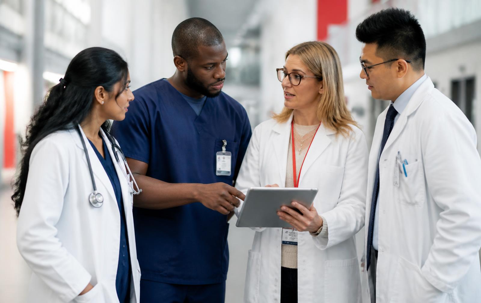 Equipe de liderança hospitalar em reunião